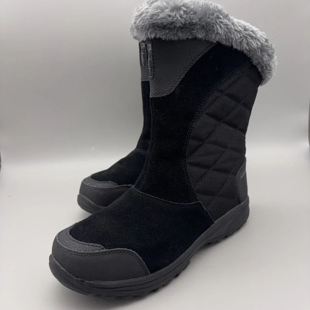 Columbia Winter Boots Women 7 Black Maiden II Quilted Waterproof Faux Fur Trim